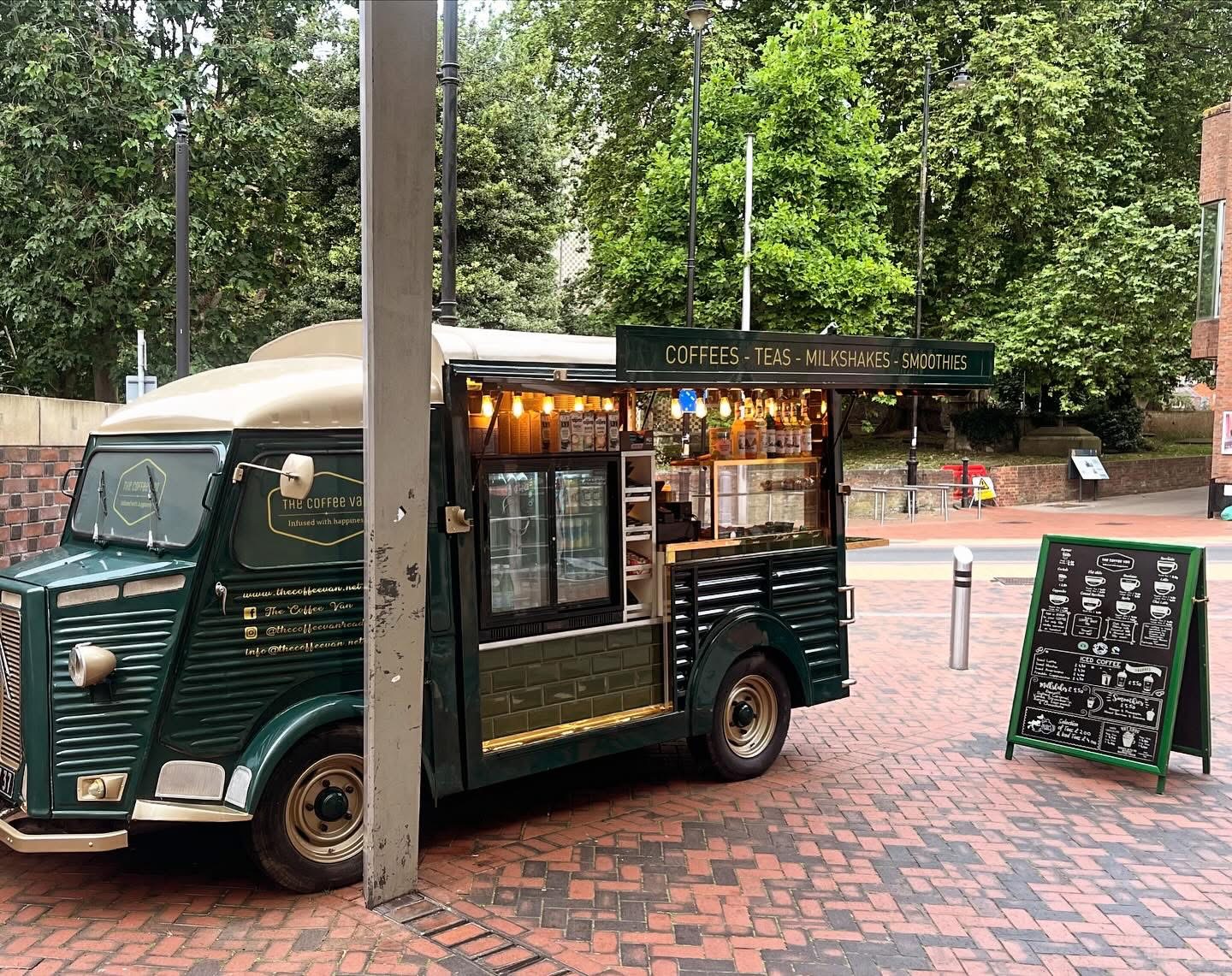 The Coffee Van — a vintage dark green Citroën HY parked in Reading serving barista coffee